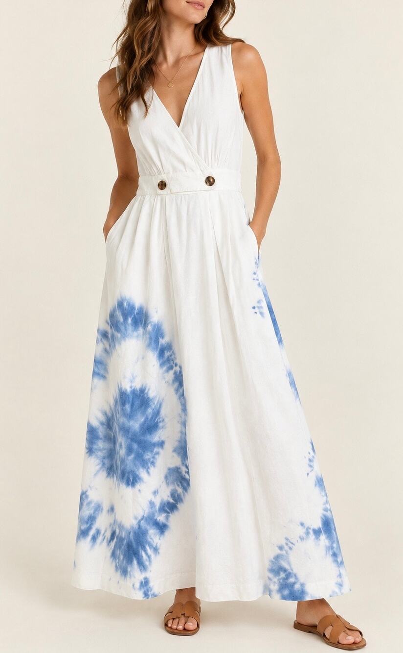 Madewell White Blue Tie Dye Cotton Linen Blend Wrap Maxi Dress Size 2 (Small)